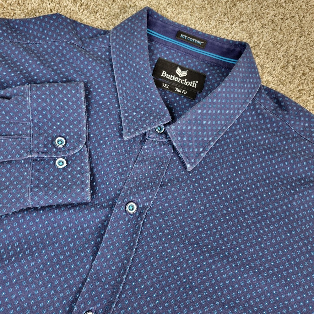 Buttercloth Icy Cotton 3XL Tall Fit Mens Blue Geometric Performance Button Up LS